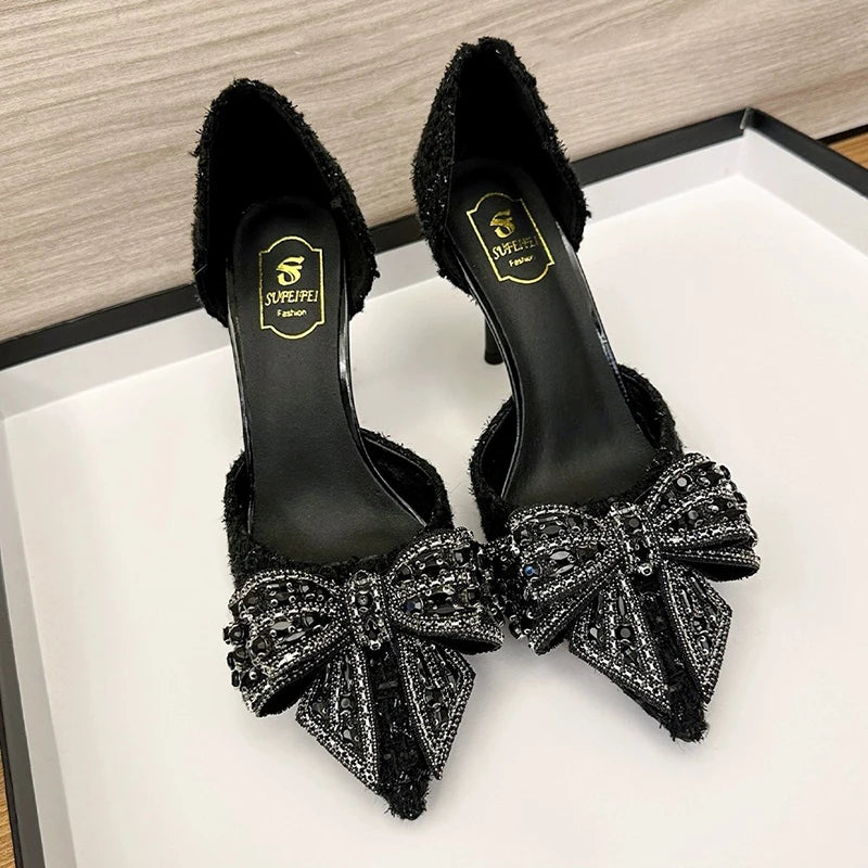 Ingvn  Luxury Pearl Crystal Bowtie White Wedding Shoes Women  Spring Brand Designer High Heels Pumps Woman Thin Heeled Party Shoes