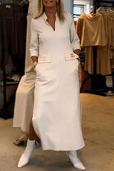 Ingvn - Elegant Simplicity Solid Pocket Turndown Collar One Step Skirt Dresses