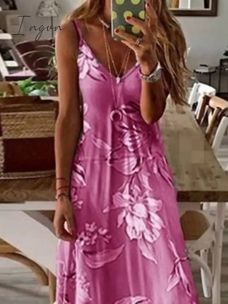 Ingvn - Women's Long Dress Maxi Dress A Line Dress Summer Dress Print Dress Floral Fashion Modern Daily Holiday Date Ruched Print Sleeveless V Neck Dress Regular Fit Pink Blue Purple Summer Spring S M L XL