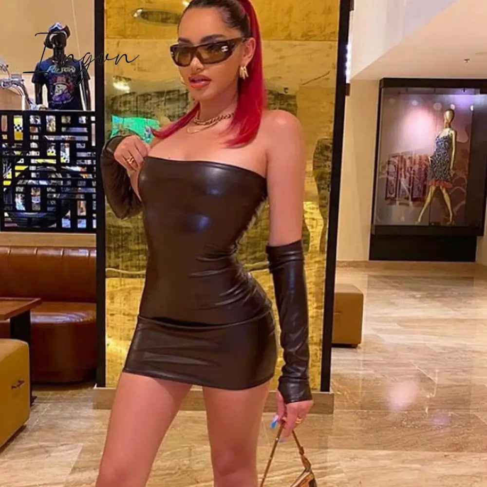 Ingvn - Faux PU Leather With Gloves Party Dress Women Backless Sexy Hot Clubwear Skinny Slim Solid Fashion Bodycon Mini Dresses