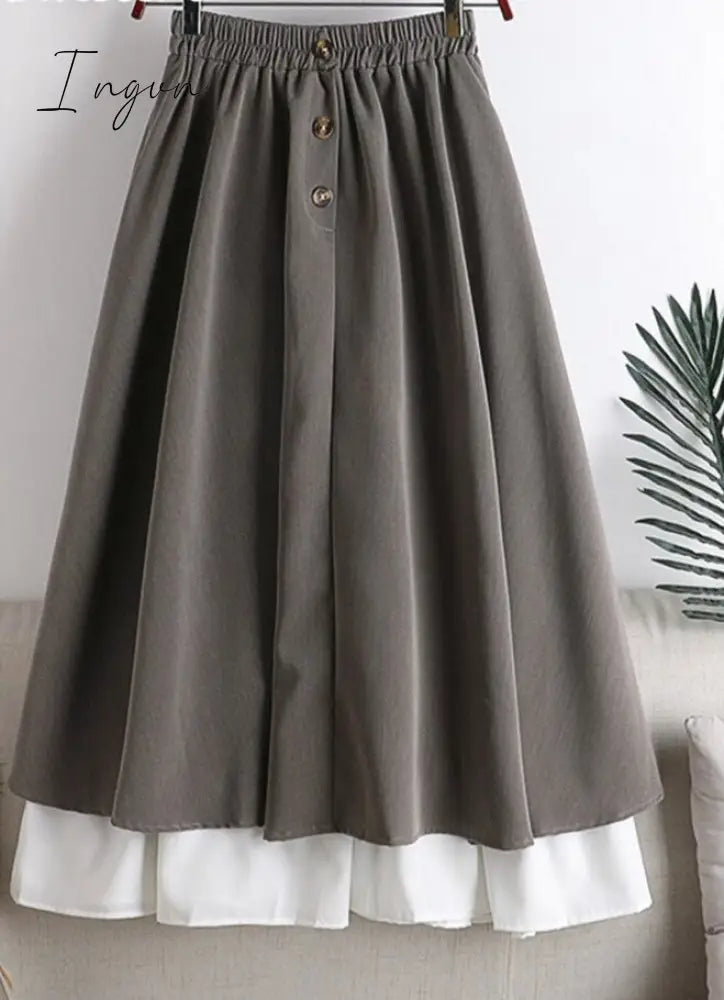 Ingvn - Winter Thick Korean Style Midi Long Pleated Skirt Women White Patchwork Button High Waist A Line Skirt Female