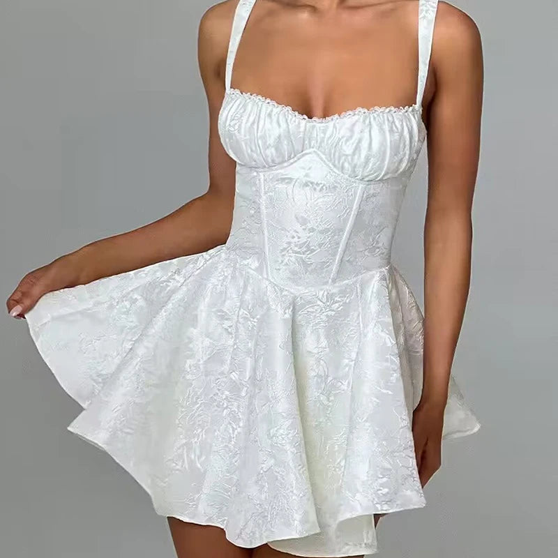 Sexy Women Lace Trim Jacquard Sling Mini Dress Low Waist Summer Ladies Party Robe