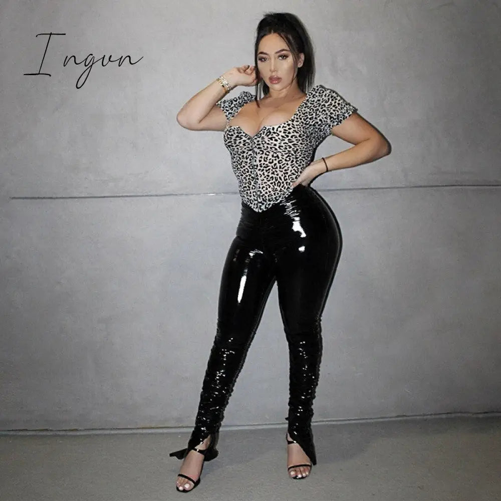 Ingvn - Winter Joggers PU Leather Leggings Pants Pleated High Waist Streetwear Long Trouser Solid Color Party Night Clubwear Outfit