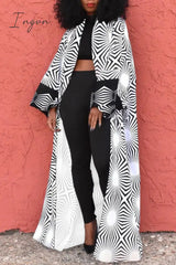 Ingvn - White Casual Street Print Patchwork Cardigan Collar Plus Size Overcoat