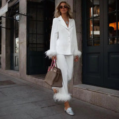 Ingvn - 2 Piece Sets Outfits Feather Long Sleeve Blouse Top Shirts And Pants Women Tracksuits Y2K Elegant Casual Party Sexy 2023