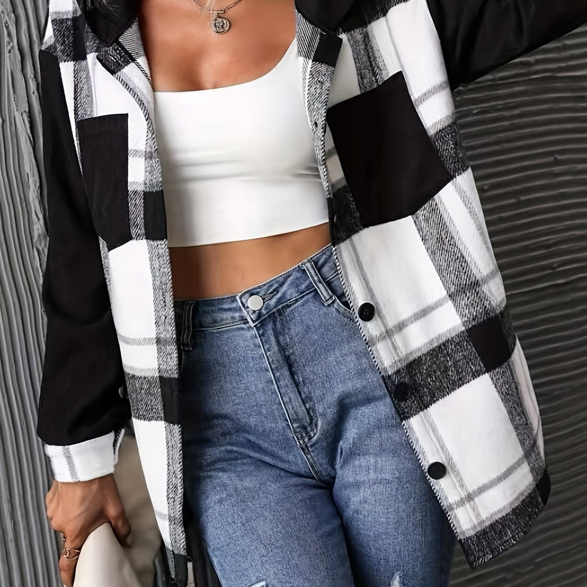 Plaid Print Hooded Jacket, Casual Button Front Long Sleeve Outerwear, Women's Clothing
