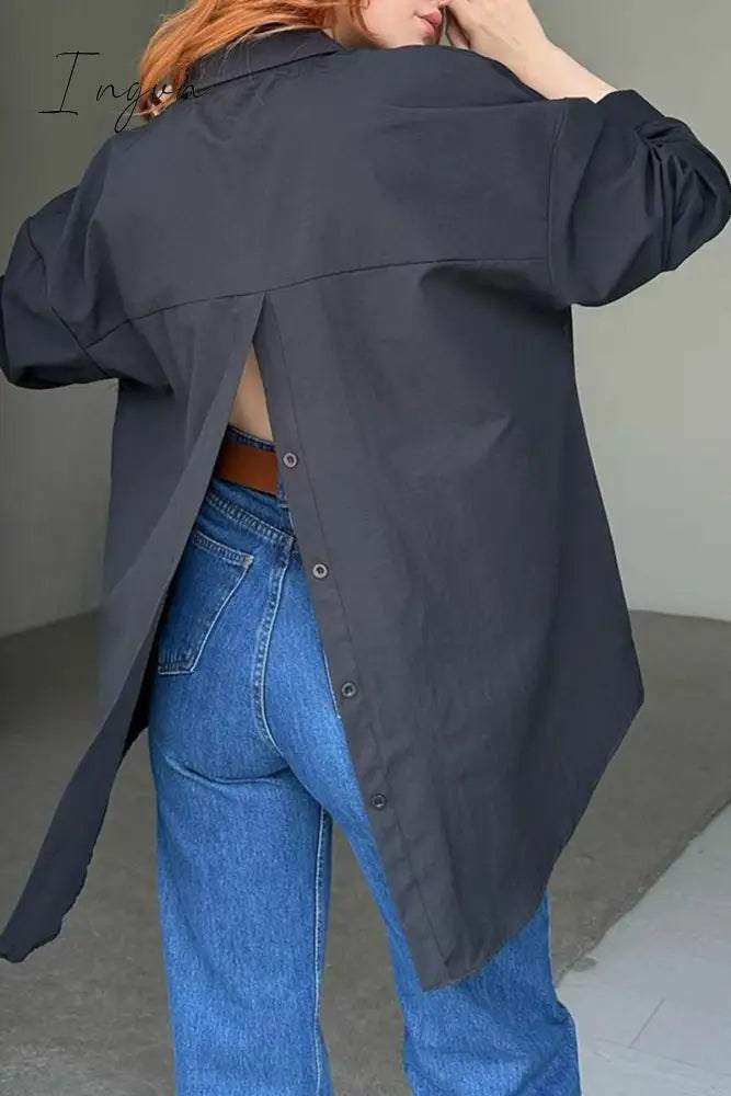 Ingvn - Street Solid Buttons Slit Turndown Collar Tops