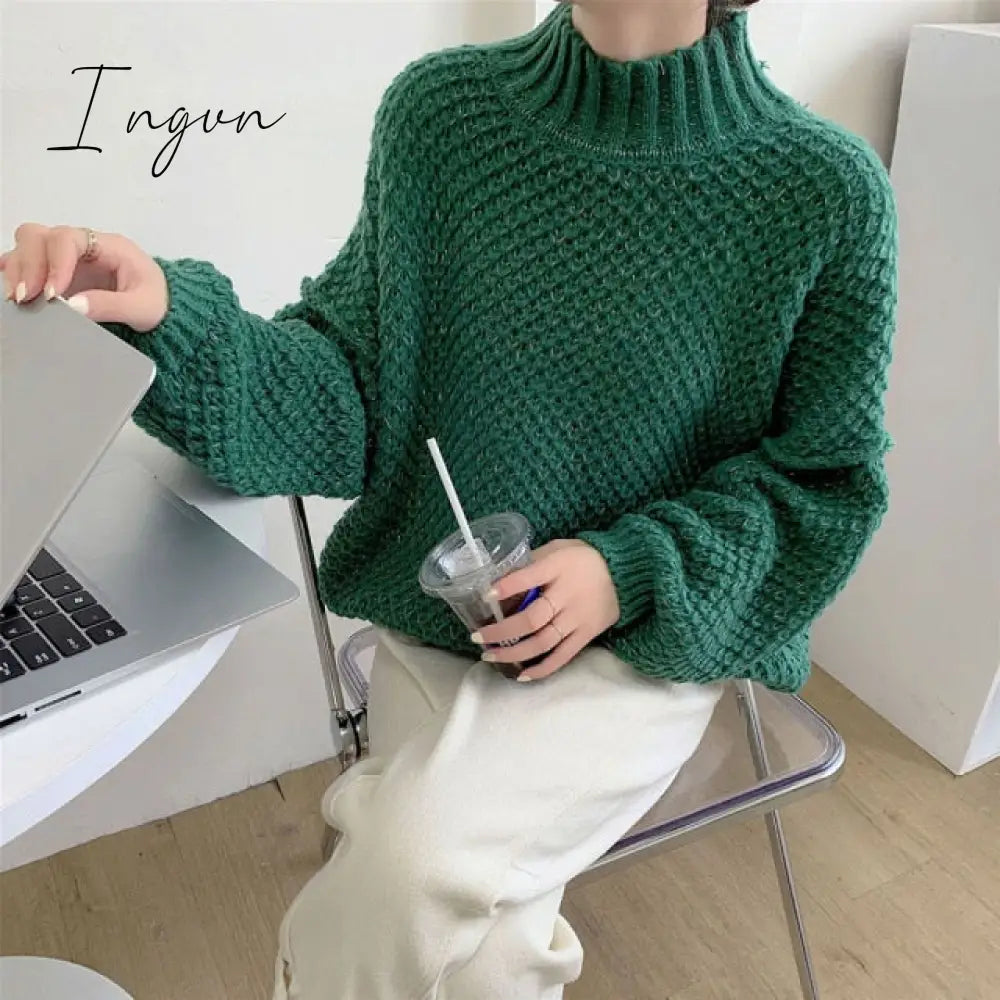 Ingvn - Winter Clothes Women Turtleneck Hollow Out Loose Solid Thick Knit Bottoming Pullovers Short Sweater Female Outer Wear Casual