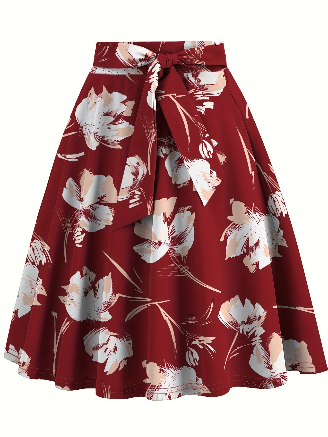 Floral Print High Waist Skirt, Elegant Belted Flared Midi Skirt, Women's Clothing