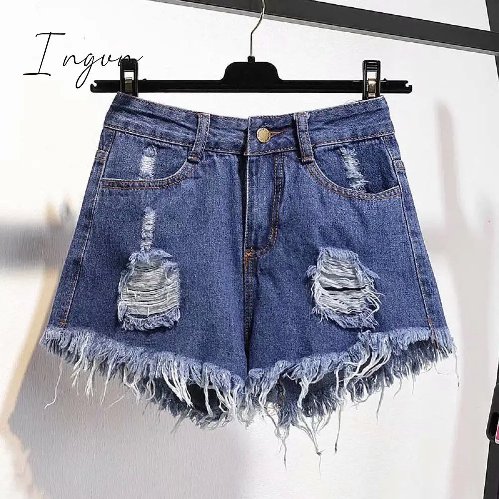 Ingvn - Casual High Waist Denim Shorts Women Summer  Pocket Tassel Hole Ripped jeans Short Female Femme Short Pants Women