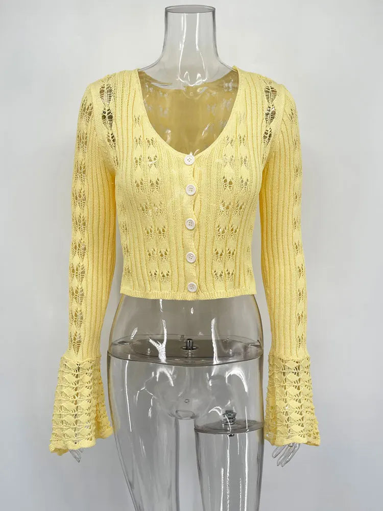 Knitwear Hollow Out Sweater Cardigan Women V-Neck Long Sleeve See-Through Cropped Top Summer Knit Patchwork Cardigan Top