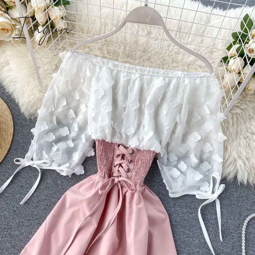 Ingvn - Spring Outfits Sexy Off Shoulder patchwork Summer Short Dress Party flower chiffon Slim waist lace up Women casual A-Line beach dress