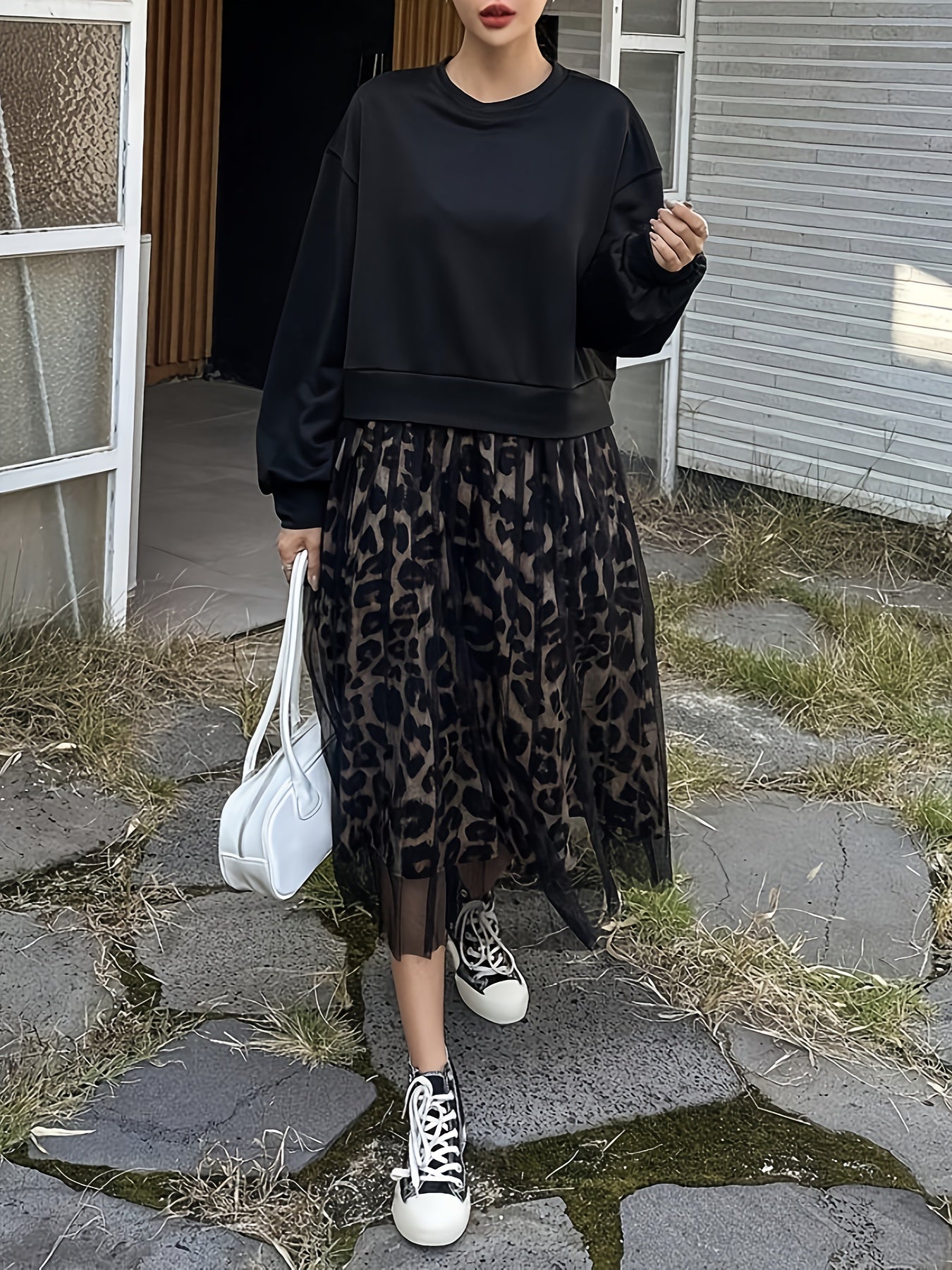 [Leopard Print Crew Neck Dress] Leopard Print Crew Neck Dress, Elegant Long Sleeve Mesh Stitching A-line Dress for Spring & Fall, Women's Clothing
