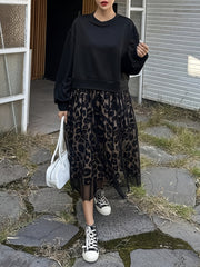 [Leopard Print Crew Neck Dress] Leopard Print Crew Neck Dress, Elegant Long Sleeve Mesh Stitching A-line Dress for Spring & Fall, Women's Clothing