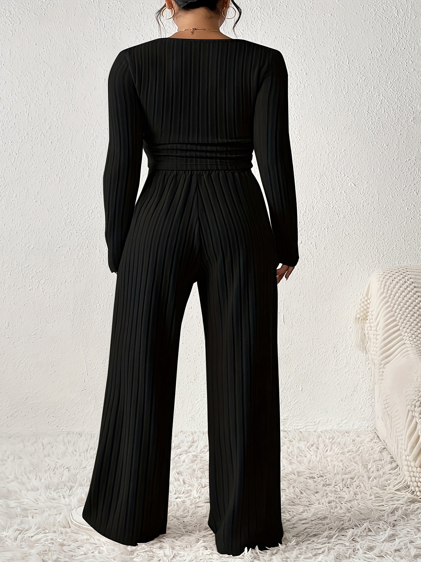 Casual Ribbed Solid Color Pants Set, Low Cut Neck Long Sleeve Crop Top & Elastic Waist Wide Leg Loose Pants, Women's Clothing