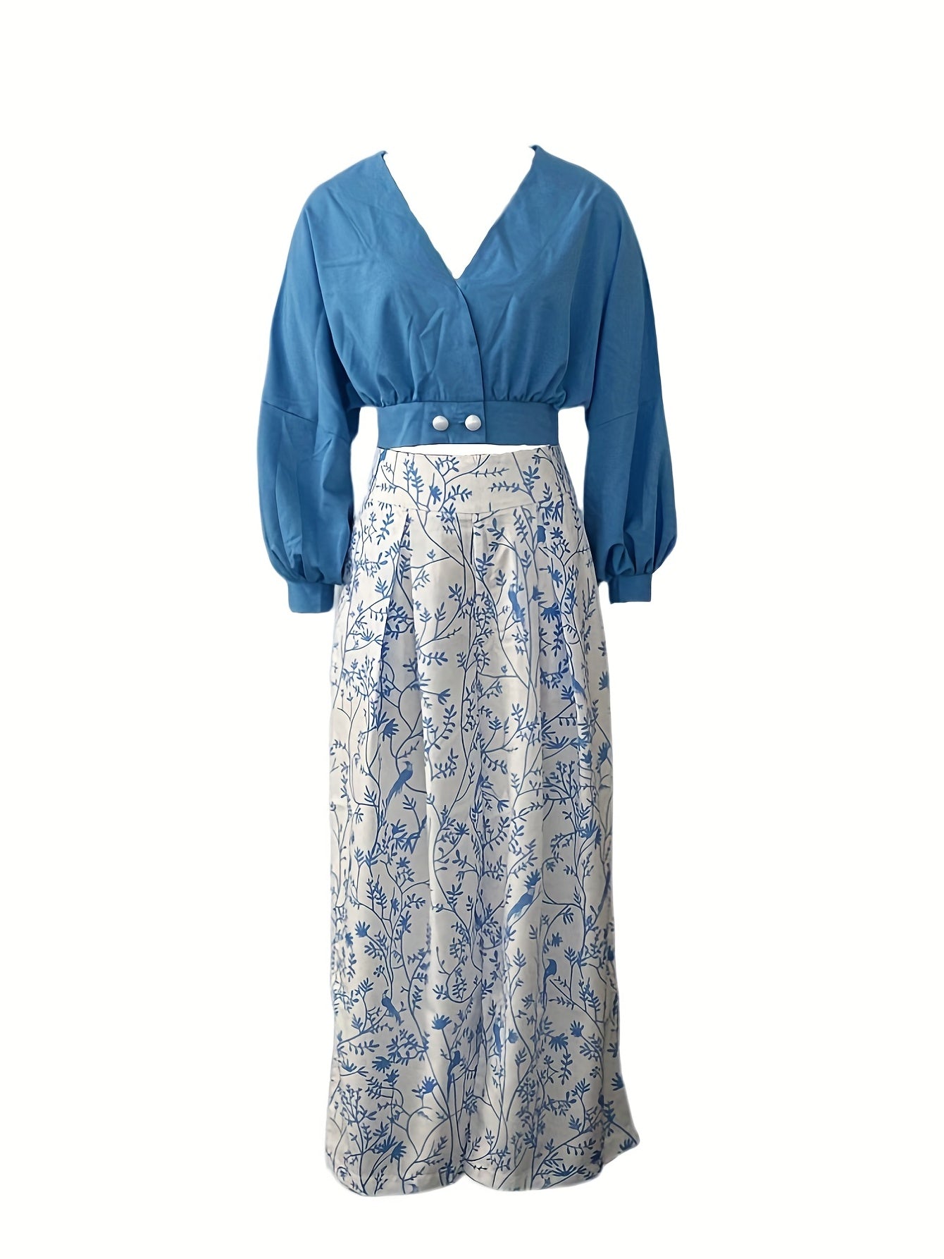 Two-Piece Casual Outfit Set - Surplice Neck Solid Color Top with Adjustable Straps & Wide Leg Floral Print Pants - Comfortable Womens Clothing for Daily Wear