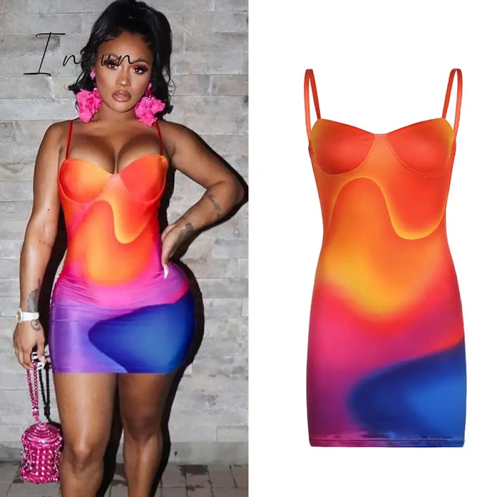 Ingvn - Hipster Bodycon Print Irregular Dress Women Sexy Sleeveless Sheath Body-Shaping Dresses Ladies Vintage Fashion Clubwear