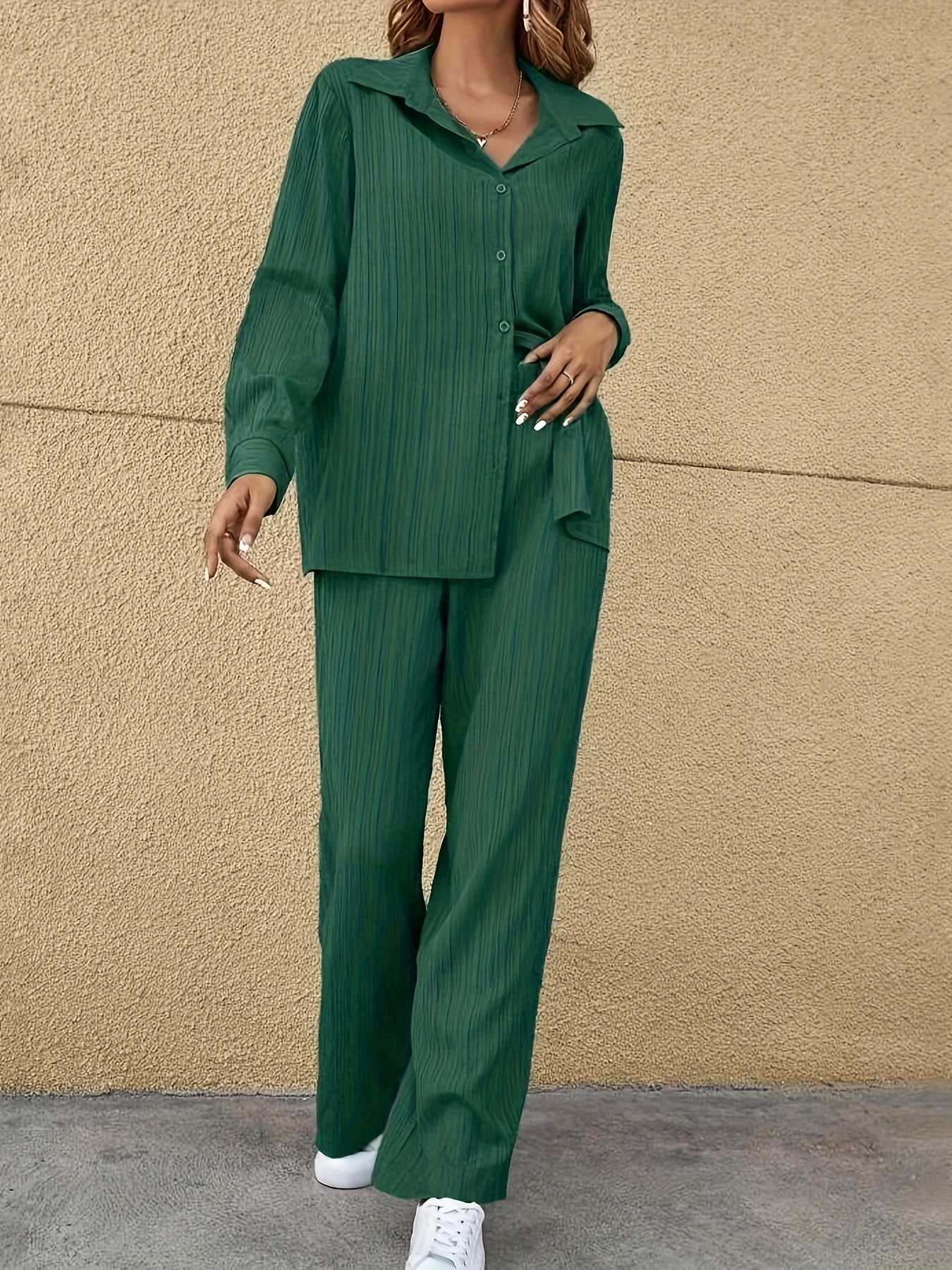 Chic Solid Textured Womens Two-Piece Set - Trendy Button Front Long Sleeve Shirt & Elastic Waist Wide Leg Pants Outfit - Versatile Casual Wear for Fashion-Forward Ladies