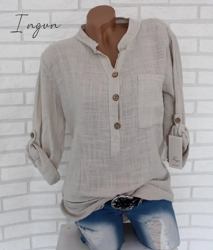 Ingvn - Oversized Women Blouses Cotton Linen Blouse Autumn Shirts Casual Long Sleeve Button V Neck Loose Shirt Lady Tops Plus Size S-5XL