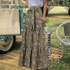 Long Skirts Women  Autumn Celmia Vintage High-Waist Female Skirts Casual Plaid Check Loose Printed Belted Pleated Maxi Skirt