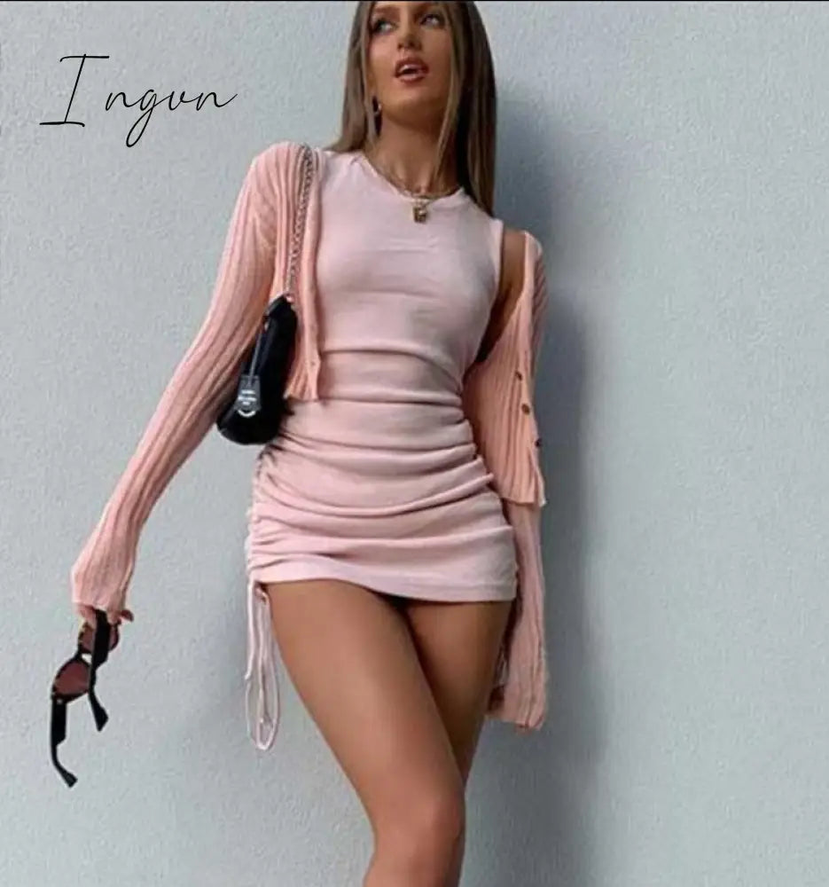 Ingvn - Cotton Ruched Drawstring Sexy Party Dress Women Sleeveless Elastic Mini Dress Vintage Summer Bodycon Club Wear Vestidos