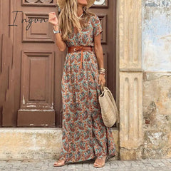 Ingvn - Fashion Boho Dress Long Dress Women Casual V Neck Short Sleeve Retro Print Belt Hem Beach Dresses Elegant Sundress Robe Femme