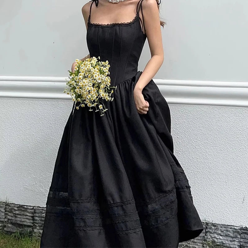 Elegant Women Lace Spliced Sexy Spaghetti Straps Dress Low Waist A-line Midi Long Summer Dresses Casual Party Robe Cotton