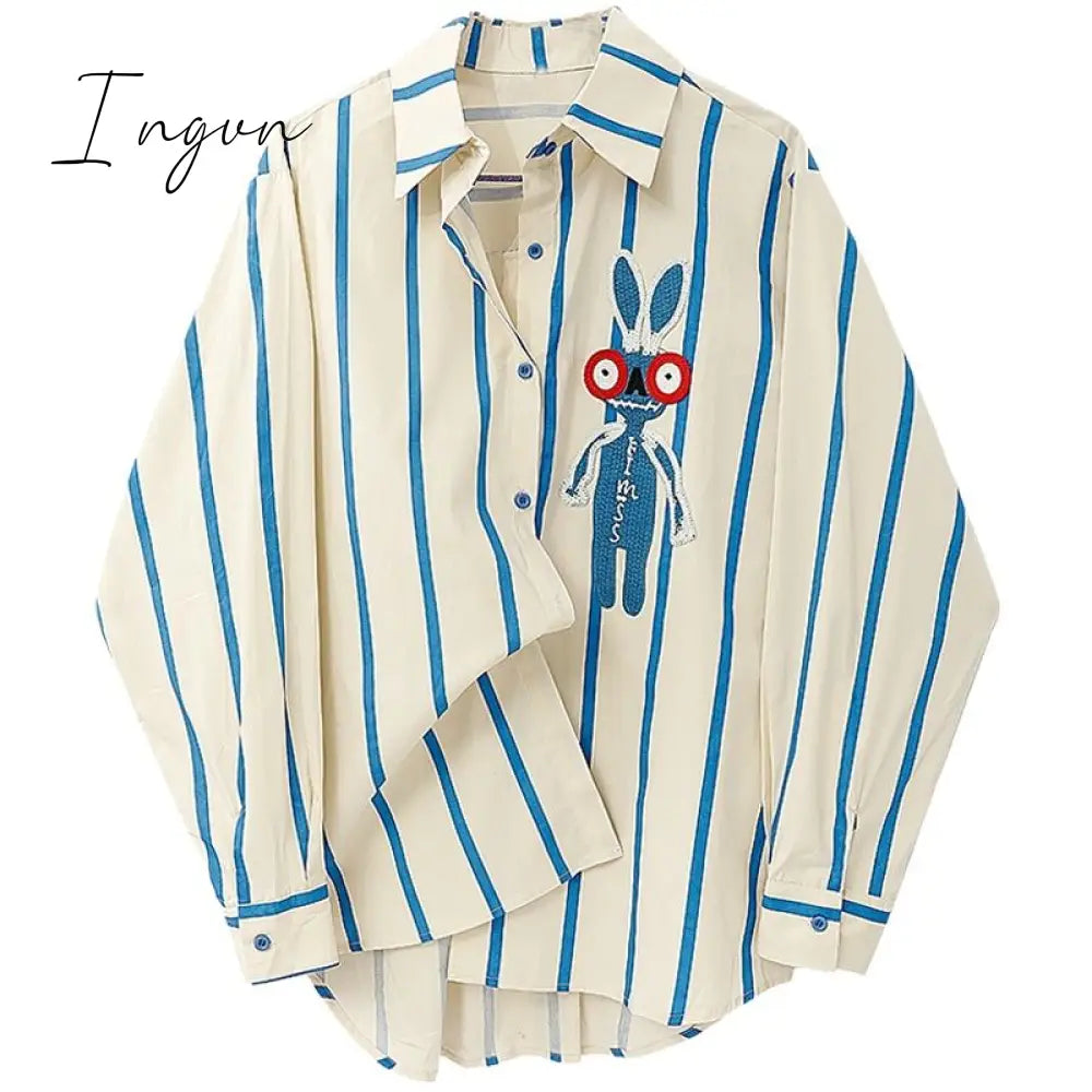 Ingvn - Women's Blue Stripe Shirts Polo Collar Rabbit Embroidery Long Sleeves Vintage Casual Fashion Baggy Ladies Blouse Tops Spring