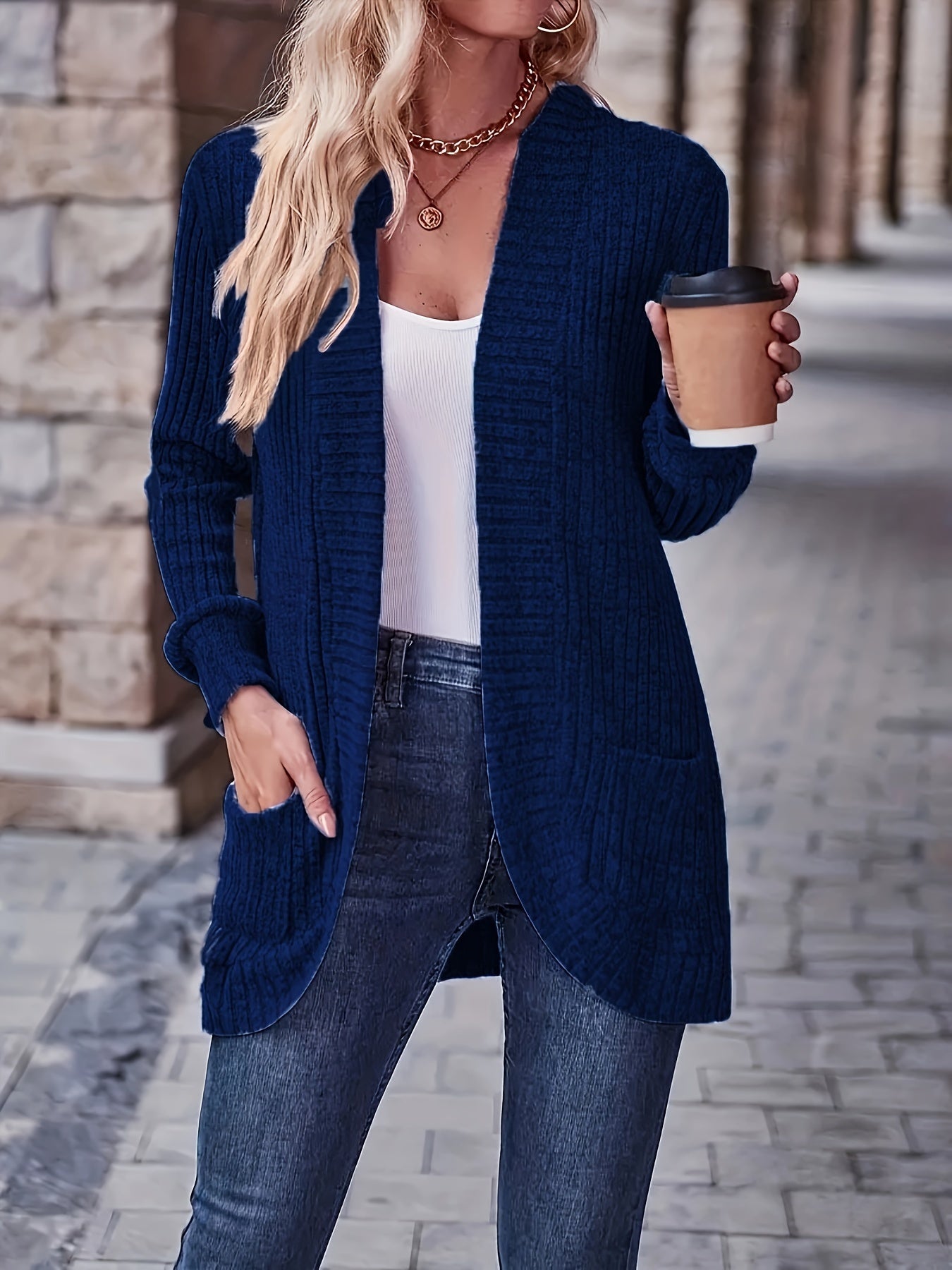 Solid Color Open Front Cardigan, Versatile Long Sleeve Pockets Cardigan For Spring & Fall, Women's Clothing