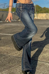 Ingvn - Street Patchwork Pocket Boot Cut High Waist Bottoms