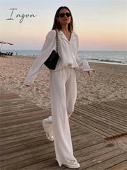 Ingvn - Women Pleated 2 Piece Pants Sets Spring Summer Streetwear Long Sleeve Button Down Shirt+Straight-Leg Pants Loose Outfits