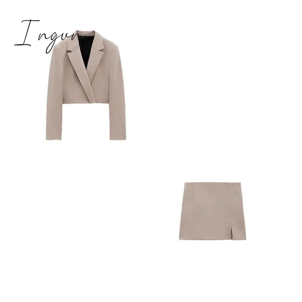Ingvn - Stylish Elegant Skirt Suits Women Fashion 2 Buttons Cropped Blazer Side Split Mini Skirts Suits Female Chic Sets