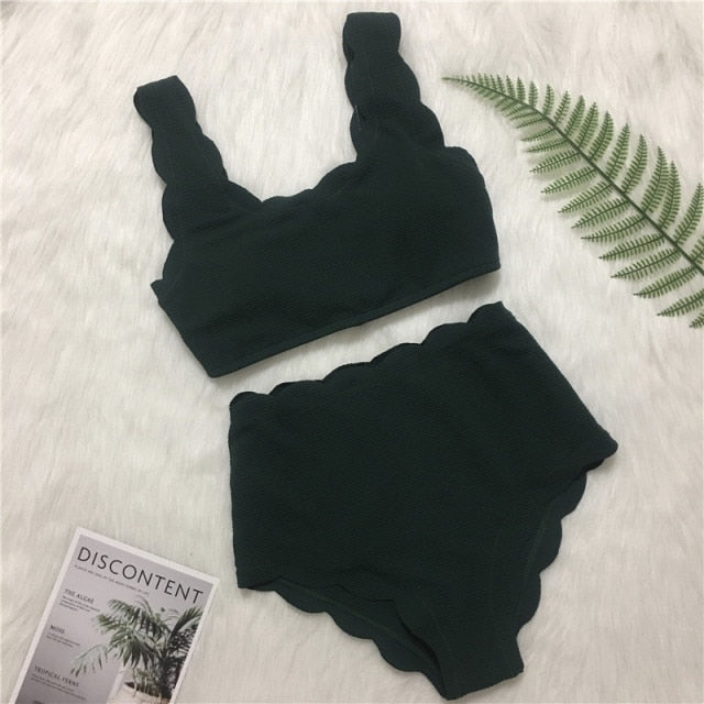 Voguable New Women Swimsuit Scalloped High Waist Bikini Set Solid Two Pieces Plus Size Swimwear Biquini Tankini