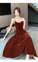Elegant Party Sleeveless Velvet Midi Dresses for Women Autumn New Vintage Fashions A-line Slim Green Casual Female Clothing