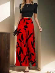 Chic Womens Two-Piece Pantsuit Set - Solid Color T-Shirt with Leaf Print Pants - Stylish Crew Neck & Flattering Wide Leg Design - Perfect Elegant Casual Outfit