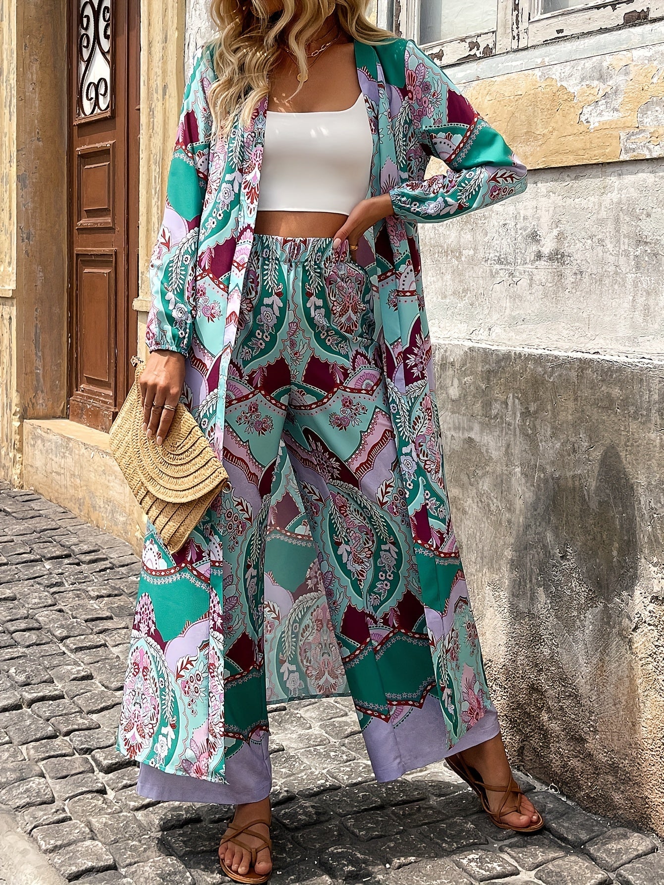 Ethnically Chic Floral Two-Piece Outfit Set - Flowy Open Front Cardigan & Wide Leg Pants - Maxi-Length Womens Fashion