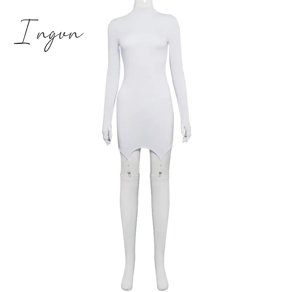 Ingvn - Womens Fashion Casual White Crew Neck Dress Crochet Long Sleeve Bodycon Sexy  Chic And Elegant Woman Dress Corset Party Nightclub Clothing