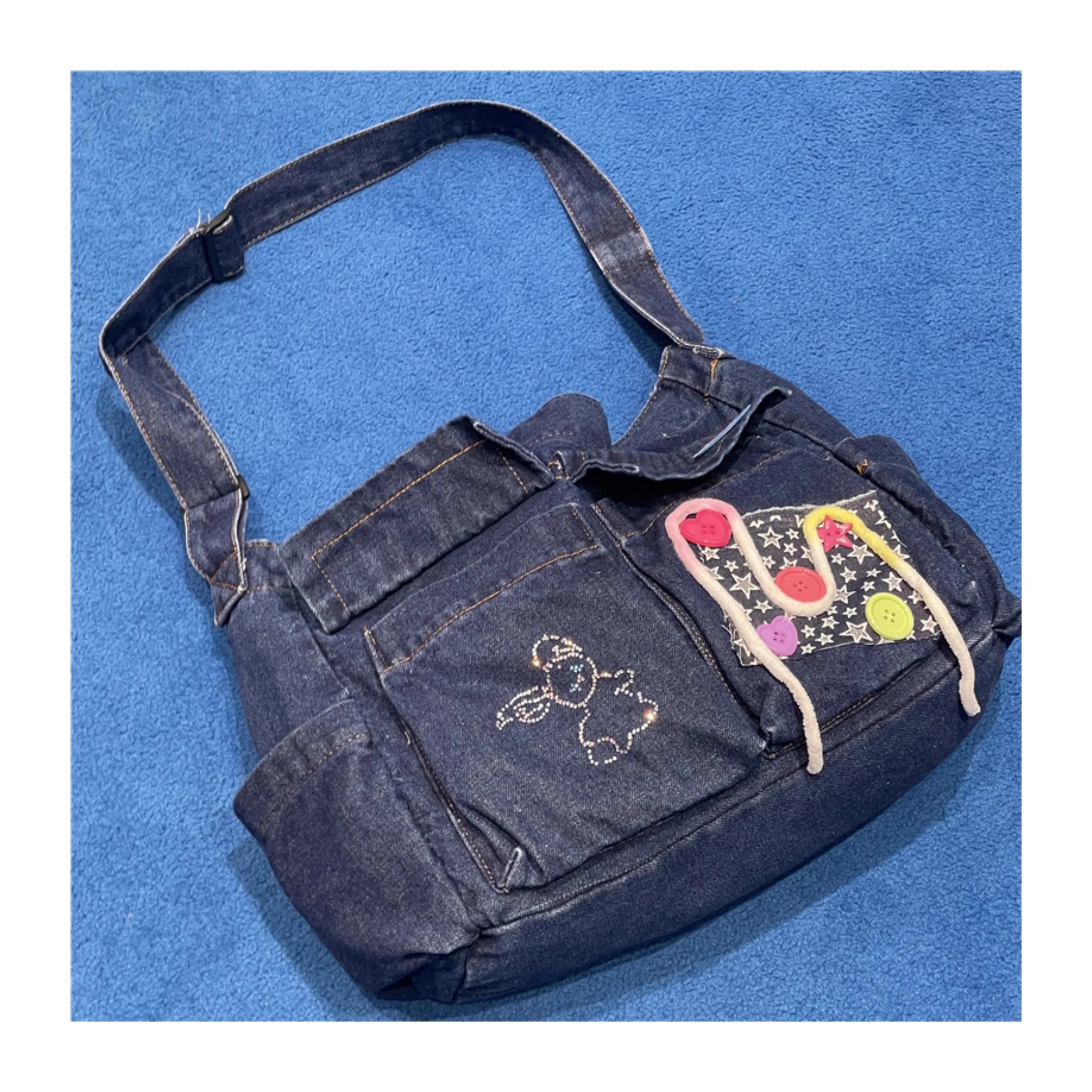 Ingvn  Y2k Girl Vintage Harajuku Punk Gothic Multi Pocket Denim Designer Large Capacity One Shoulder Handbag Womens Crossbody Tote Bag
