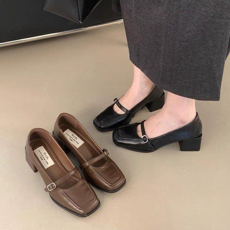 Vintage thick heel evening shoes French single-layer shoes women's shoes new spring and autumn black Mary Jane small leather shoes