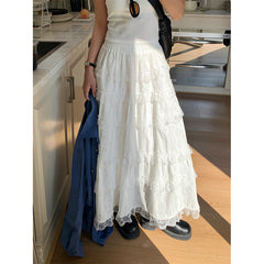 Ballet Style Cake Skirt Women's Spring Korean A- shaped Lace Stitching Mid-length Skirt