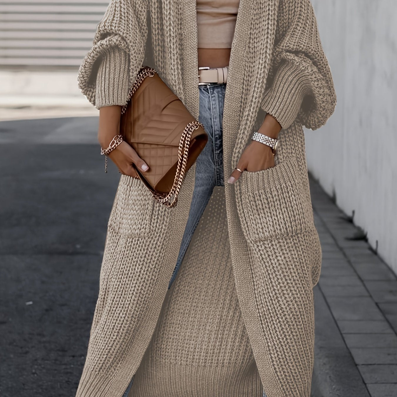 Solid Open Front Pocket Cardigan, Casual Long Sleeve Long Length Sweater For Fall & Winter, Women's Clothing