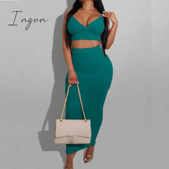 Ingvn - Sexy Two Piece Sets V-Neck Long Sleeve Crop Top Knitted Long Skirt Party Women Sets Wrap Club Bodycon 2 Pieces Outfits
