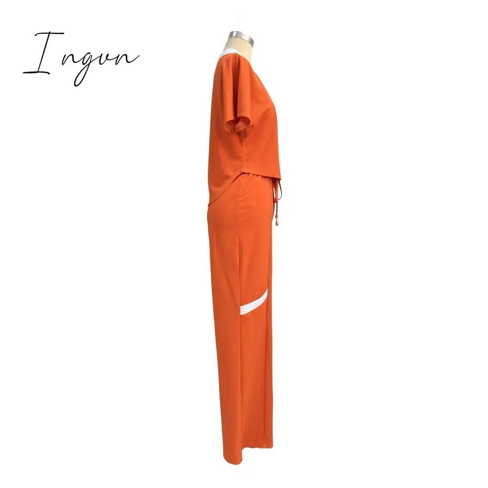 Ingvn - Summer Fashion Casual Two Piece Set Women V Neck Short-sleeved T-shirt Elastic Straight Pants Two Piece Suit Women