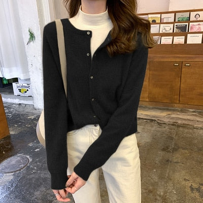 Cashmere Sweater Cardigan Women Single Breasted Long Sleeve Elegant Vintage Jumper Solid Wool Knitted Autumn Winter Outwear