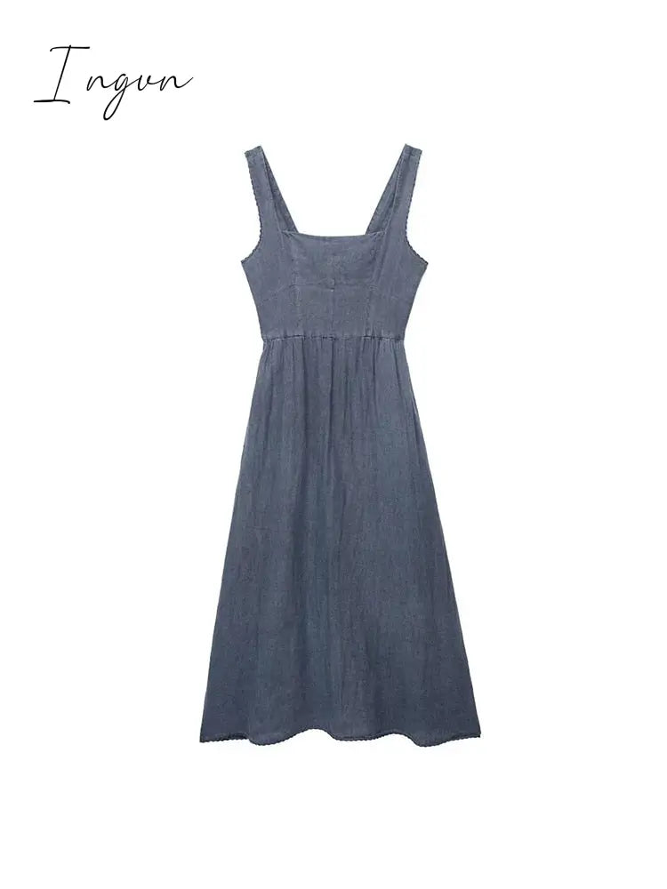 Ingvn - Long Dress Woman Solid Linen Sleeveless Frilly Dresses Woman Summer Party Dress Female 2023 Midi Dresses