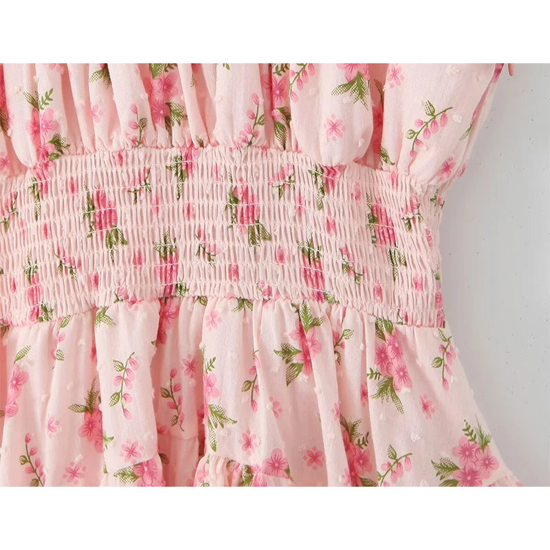 Sweet Women Pink Floral Print Mini Dress Sexy Off Shoulder Short Sleeve Elastic Waist Holiday Party Dress Summer Robe