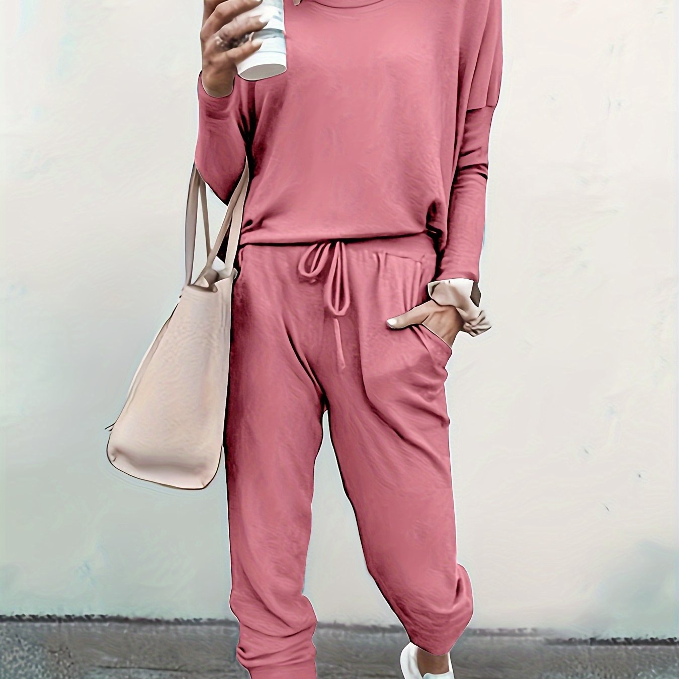 Chic Womens Two-piece Set - Comfy Long Sleeve Tee & Drawstring Jogger Pants - Versatile Solid Outfit for Casual Days