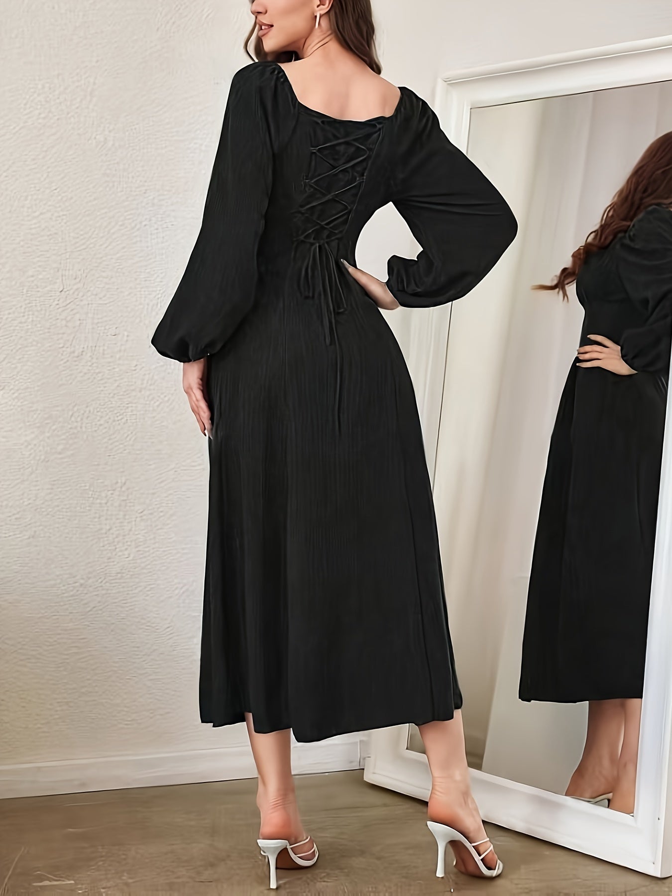 Stunning Textured Cross Tie Lantern Sleeve Midi Dress - Elegant Square Neck, Drawstring Waist, Semi-Sheer, Solid Color, Polyester, Machine Washable, Customized Fitted Design for Women - Perfect for Spring and Fall Seasons