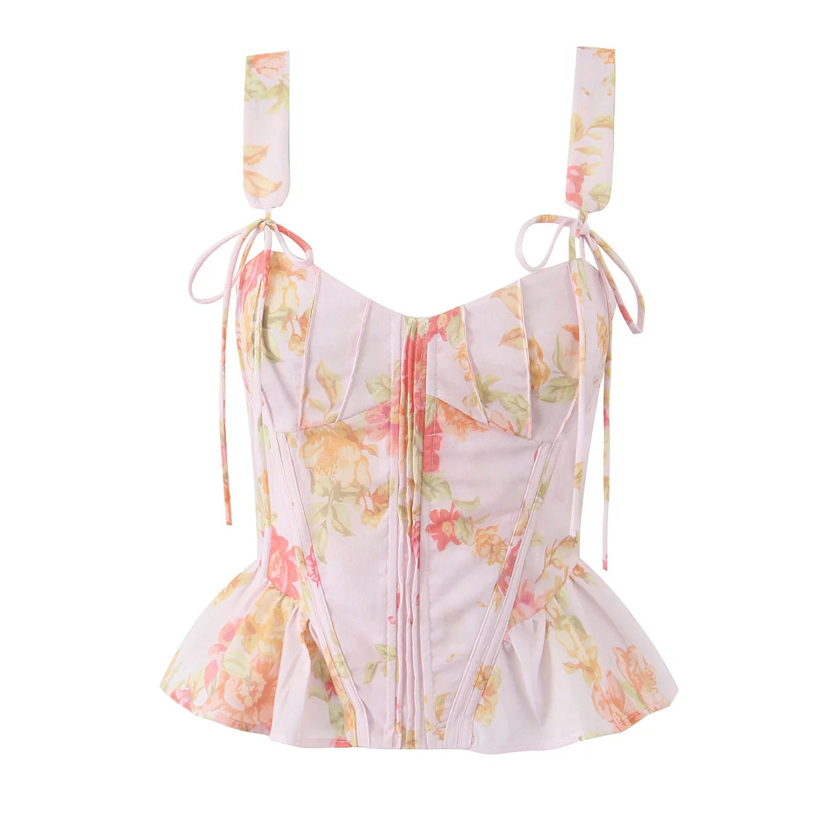 New Women Floral Print Pink Bone Slim Tank Top Pleated Ruffle Hem Summer Corset Crop Top Holiday ropa de mujer