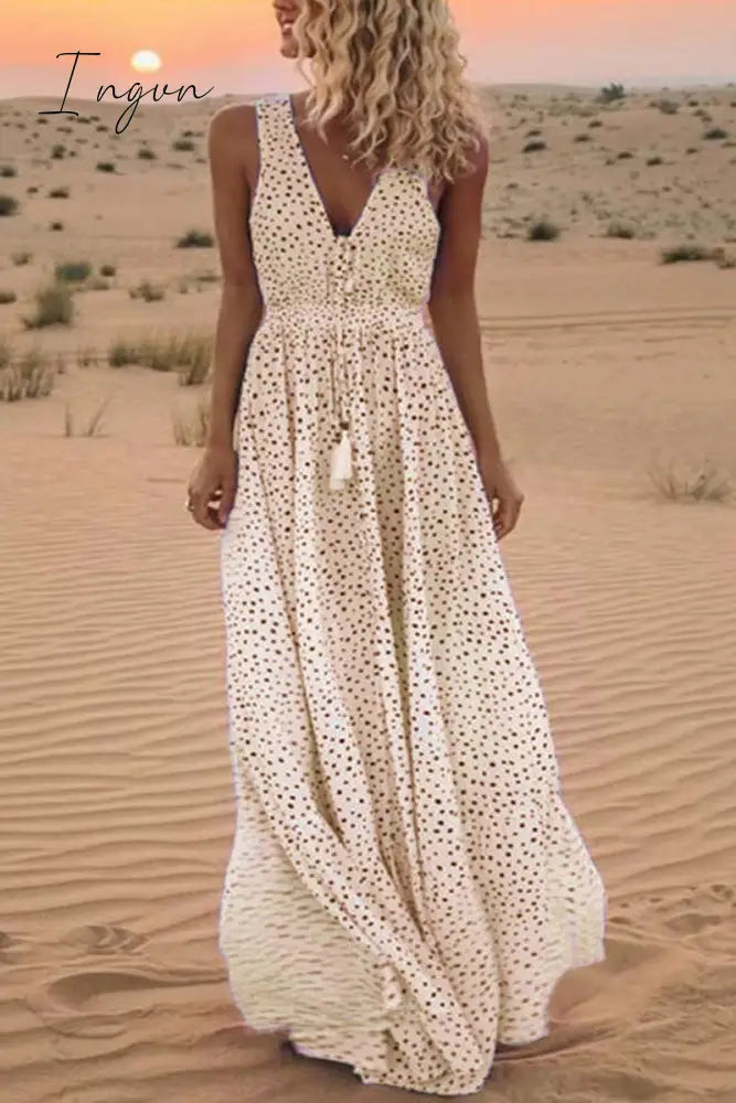 Ingvn -  V Neck Dot Printed Floor Length Dress(3 Colors)